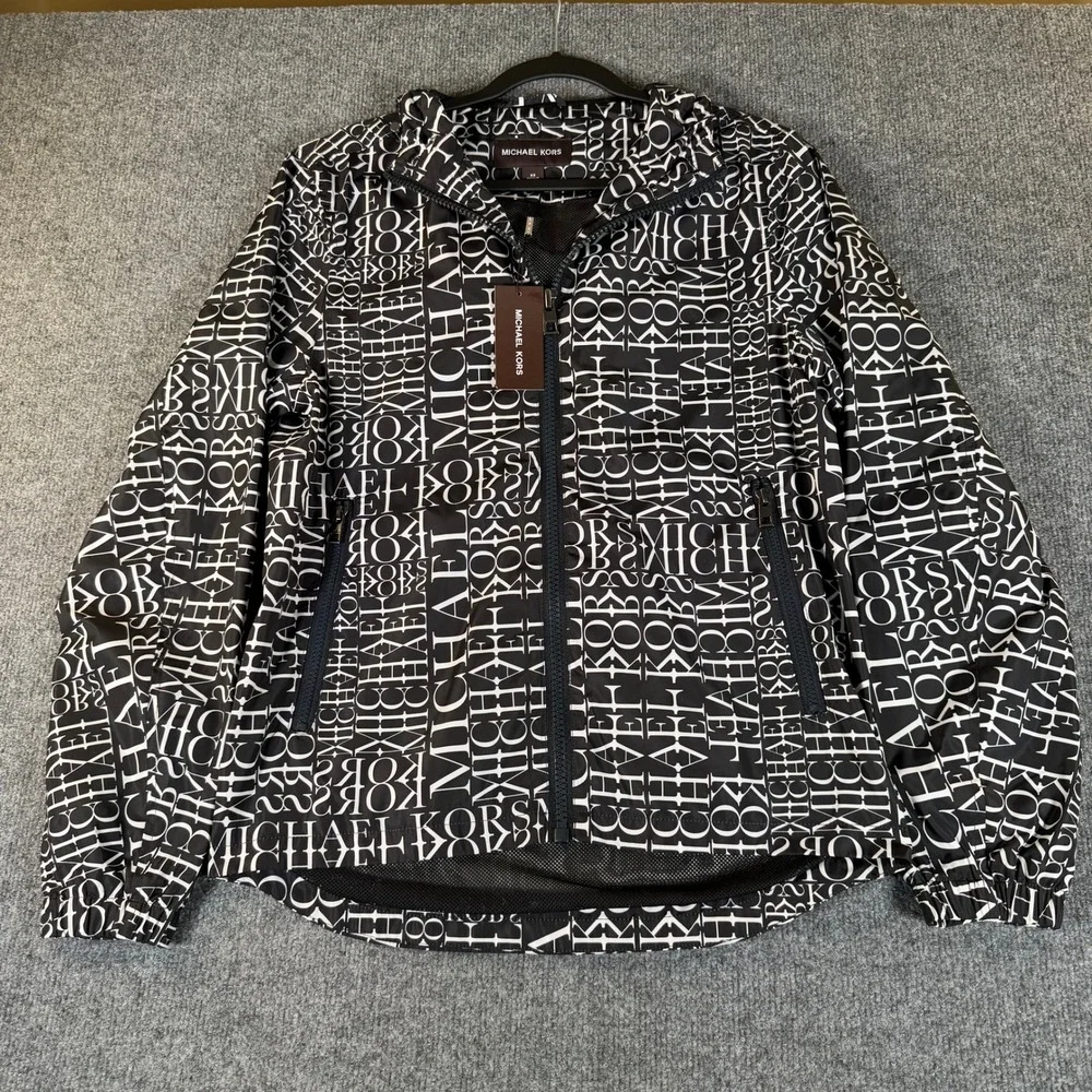 Michael Kors Womens Logo Print Hooded Windbreaker Jacket Black White XS #3866